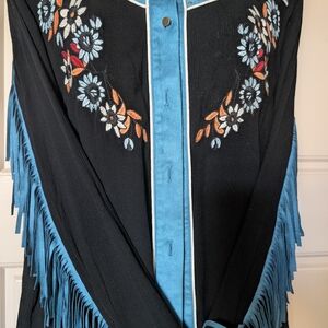 Floral Embroidered Black and Blue Fringe Button Down Shirt